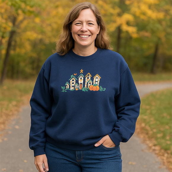 Tultex Tops - NEW Vintage Tultex Sweatshirt Women’s XL Blue Birdhouse Pumpkin Fall Cottagecore
